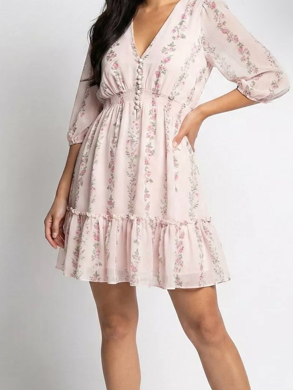 Taylor Soft Blush Floral V-Neck Ruffle Mini Dress